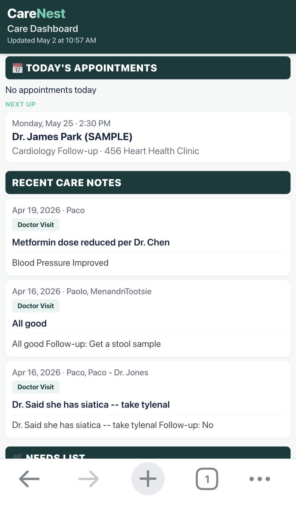 CareNest mobile family dashboard