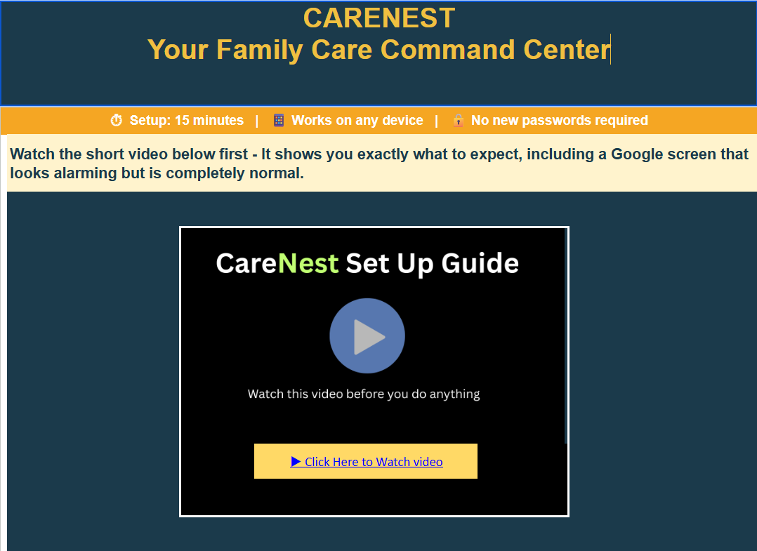 CareNest START HERE tab with setup video
